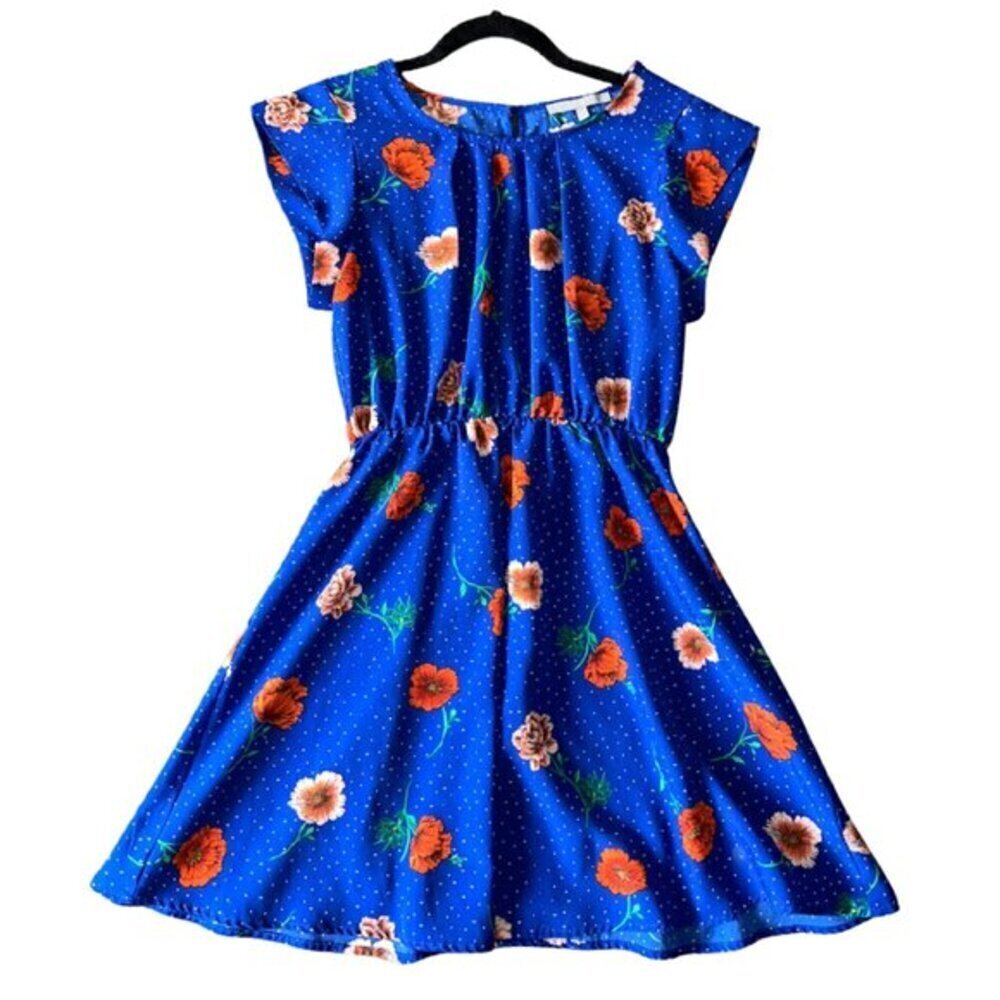 Bright royal bloral polka dots blouson dress medium women's sweet rain